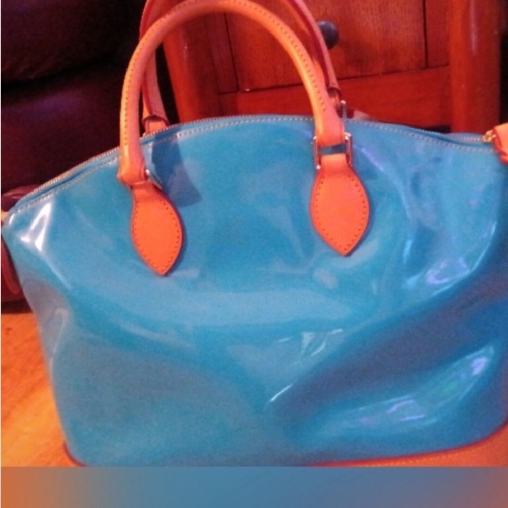 Dooney & Bourke Patented Turquoise Satchel and Pouch - Blue & Tan - Picture 3 of 13